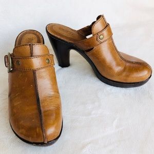 Born Buckle High Heel Tan Leather Clog Mule